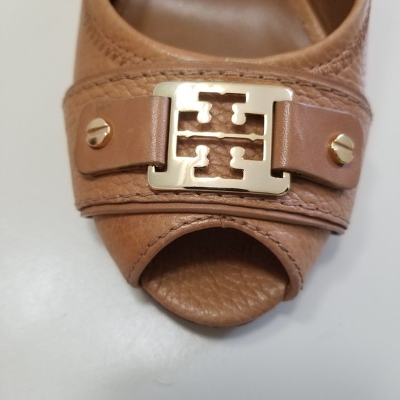 Tory Burch Carnell Royal Tan Leather Peep Toe Cork Wedge - Picture 5 of 8